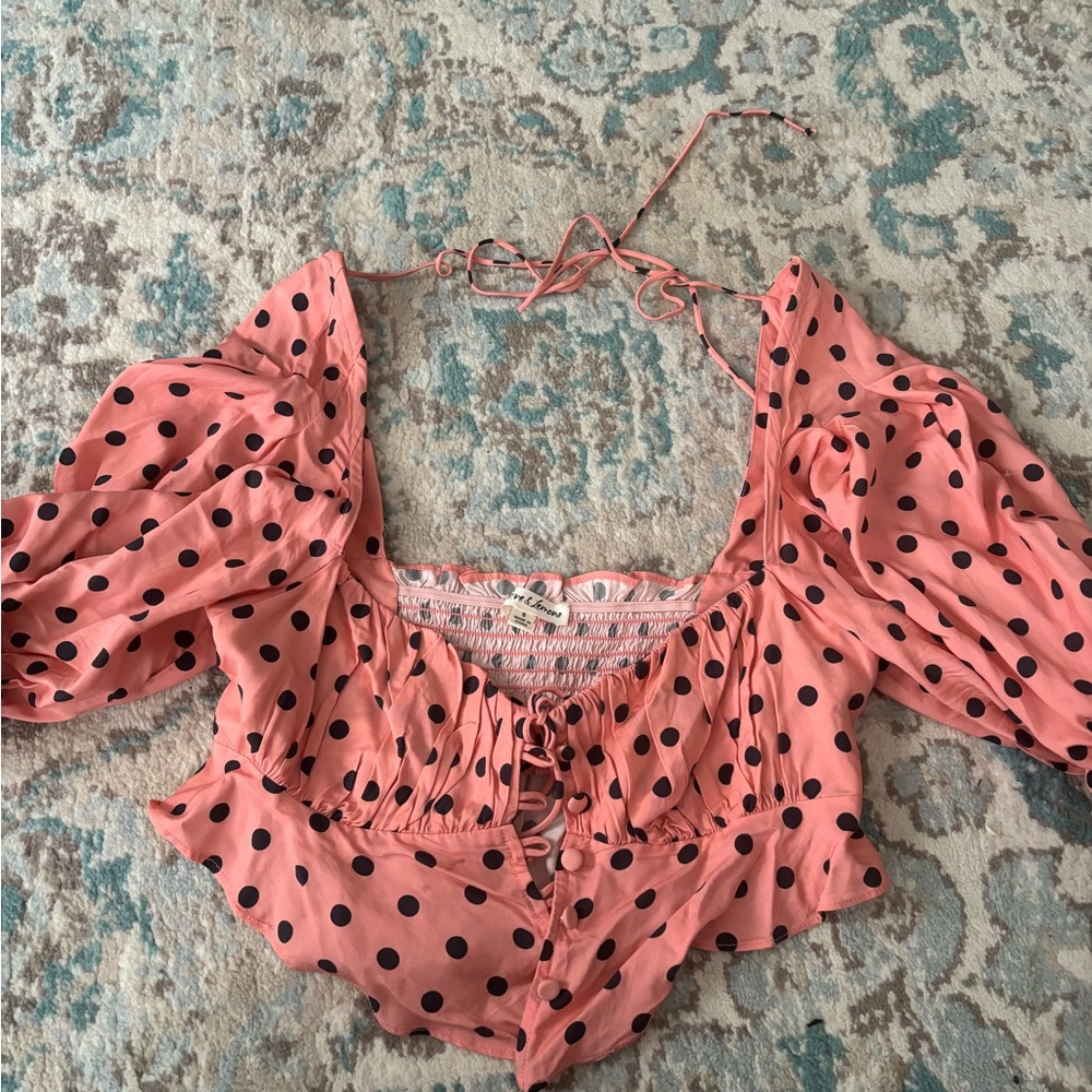 For Love And Lemons Pink Puff Sleeve Crop Blouse